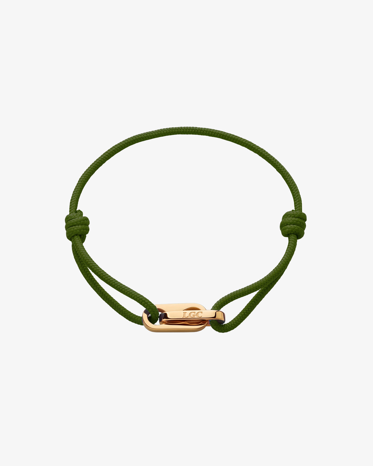 Pulsera dorada Atlantis con cordón verde oliva, nudos corredizos ajustables y cierre dorado grabado con LGC