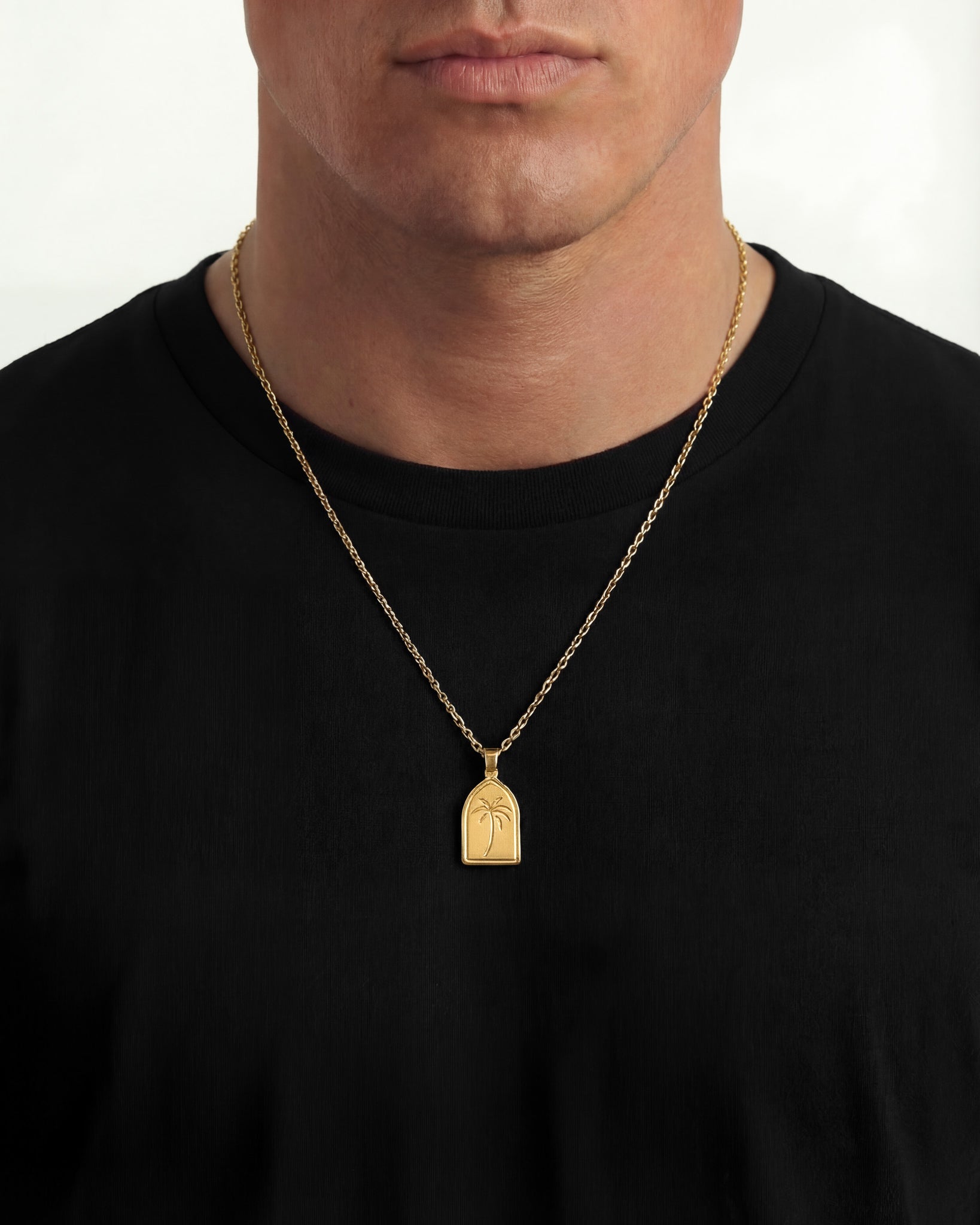 Layered gold necklaces featuring a palm tree engraved shield pendant and a cross pendant on a model's chest