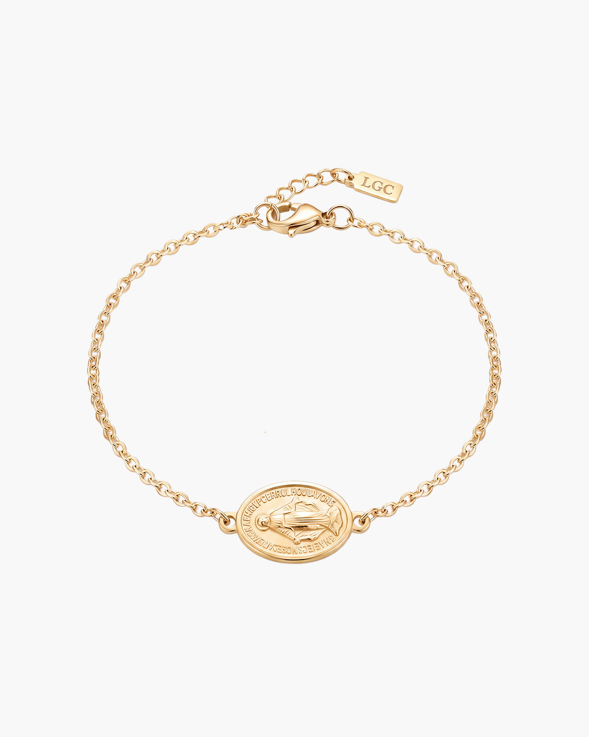Pulsera de cadena dorada con medalla ovalada de la Virgen María.