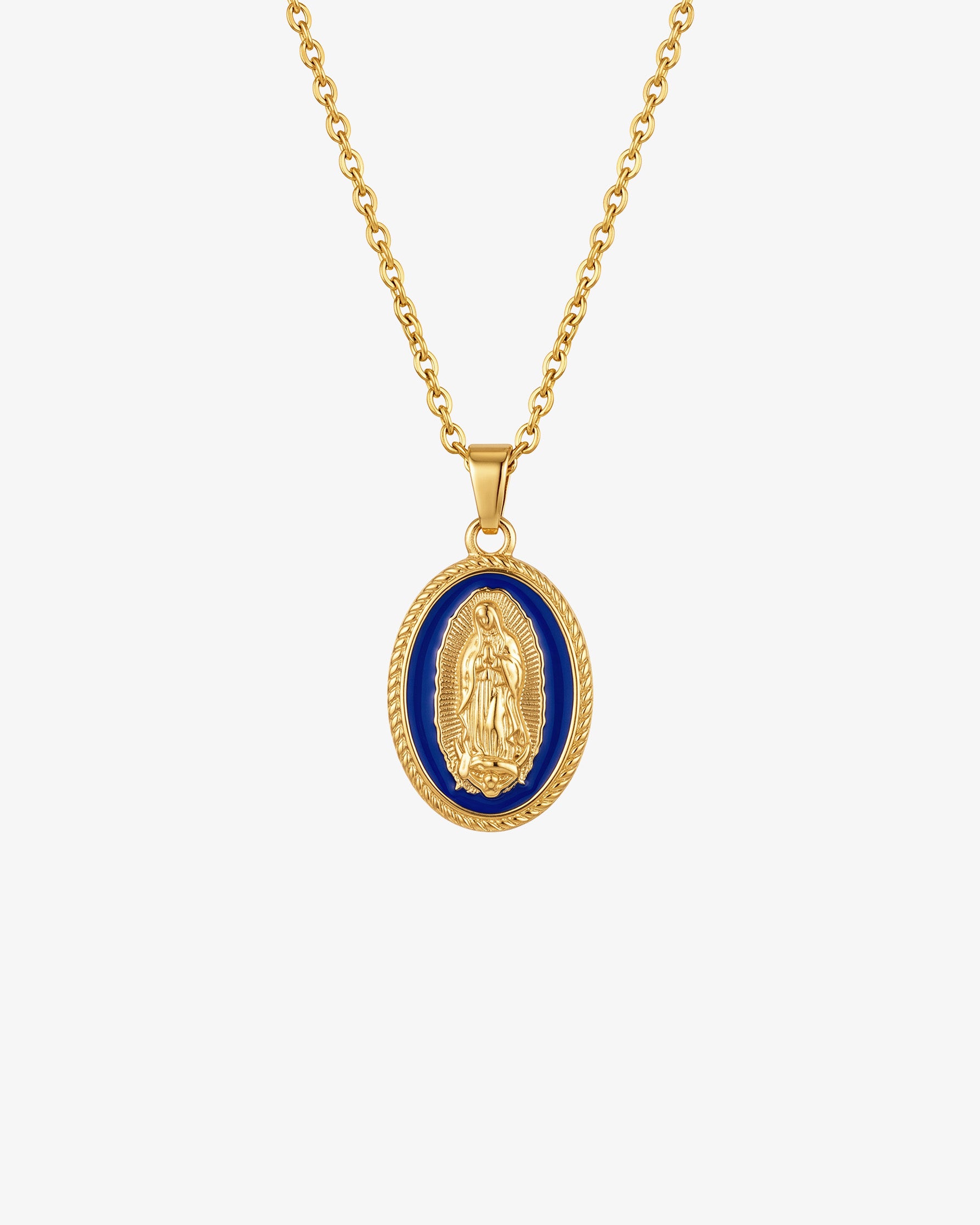 Collar dorado de la Virgen María con colgante ovalado de esmalte azul con la imagen de la Virgen