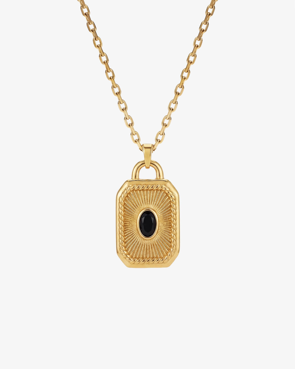 Collar dorado con colgante rectangular de candado y gema negra central