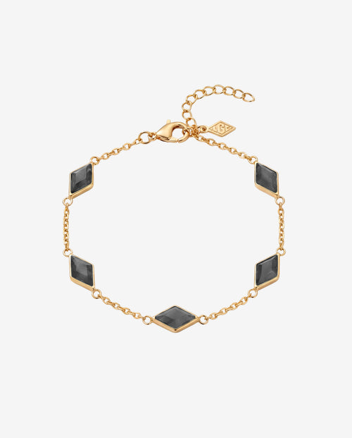 Amberes gold bracelet with black rectangular stones set along a delicate chain.