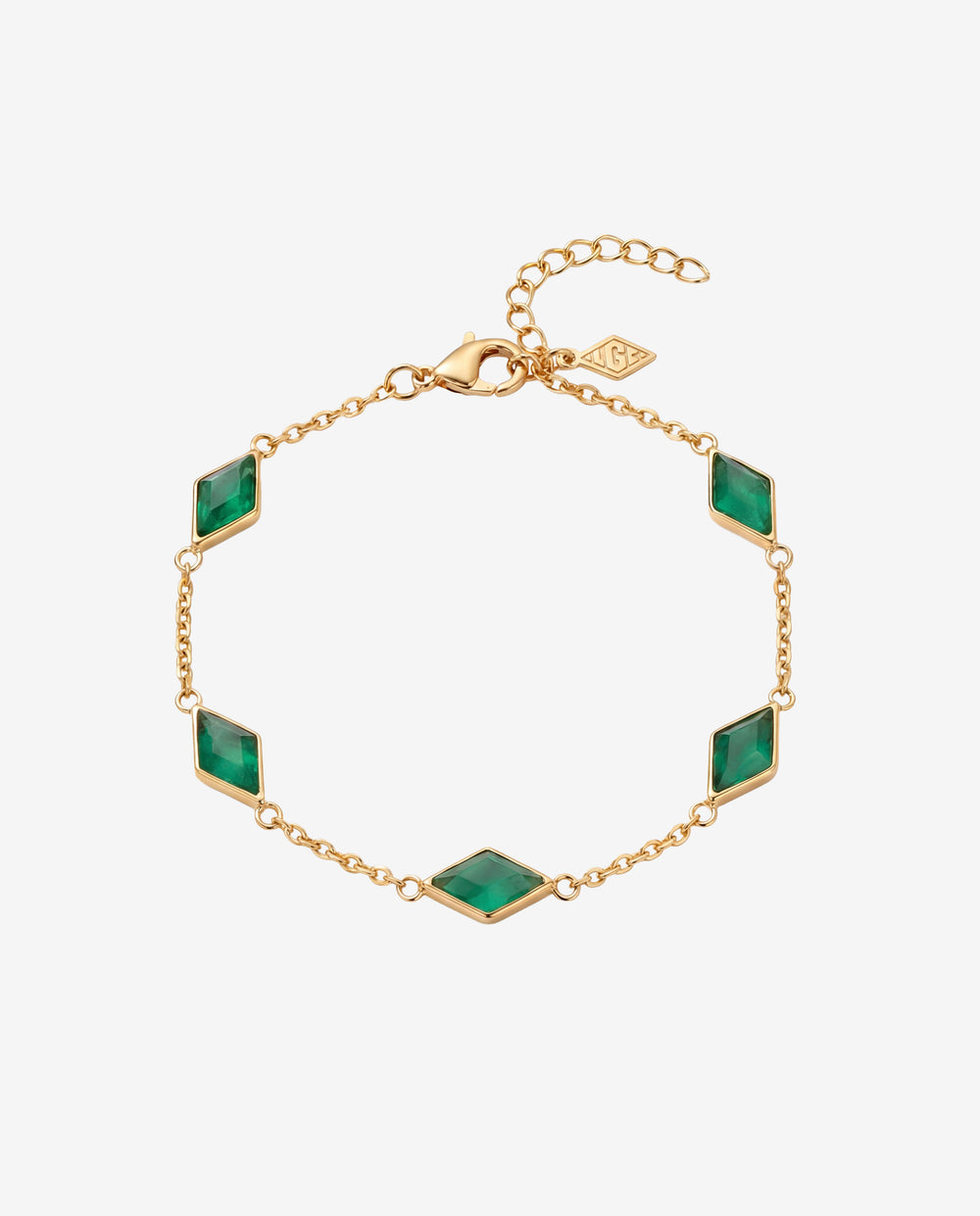 Pulsera dorada Amberes con piedras verde esmeralda en forma de rombo en marcos dorados en cadena ajustable