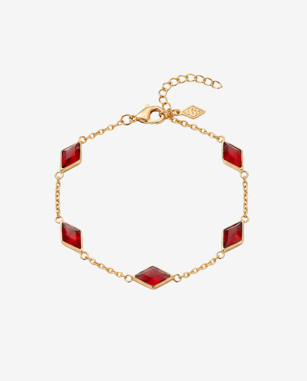Pulsera dorada Amberes con gema cuadrada roja en delicada cadena y cierre ajustable