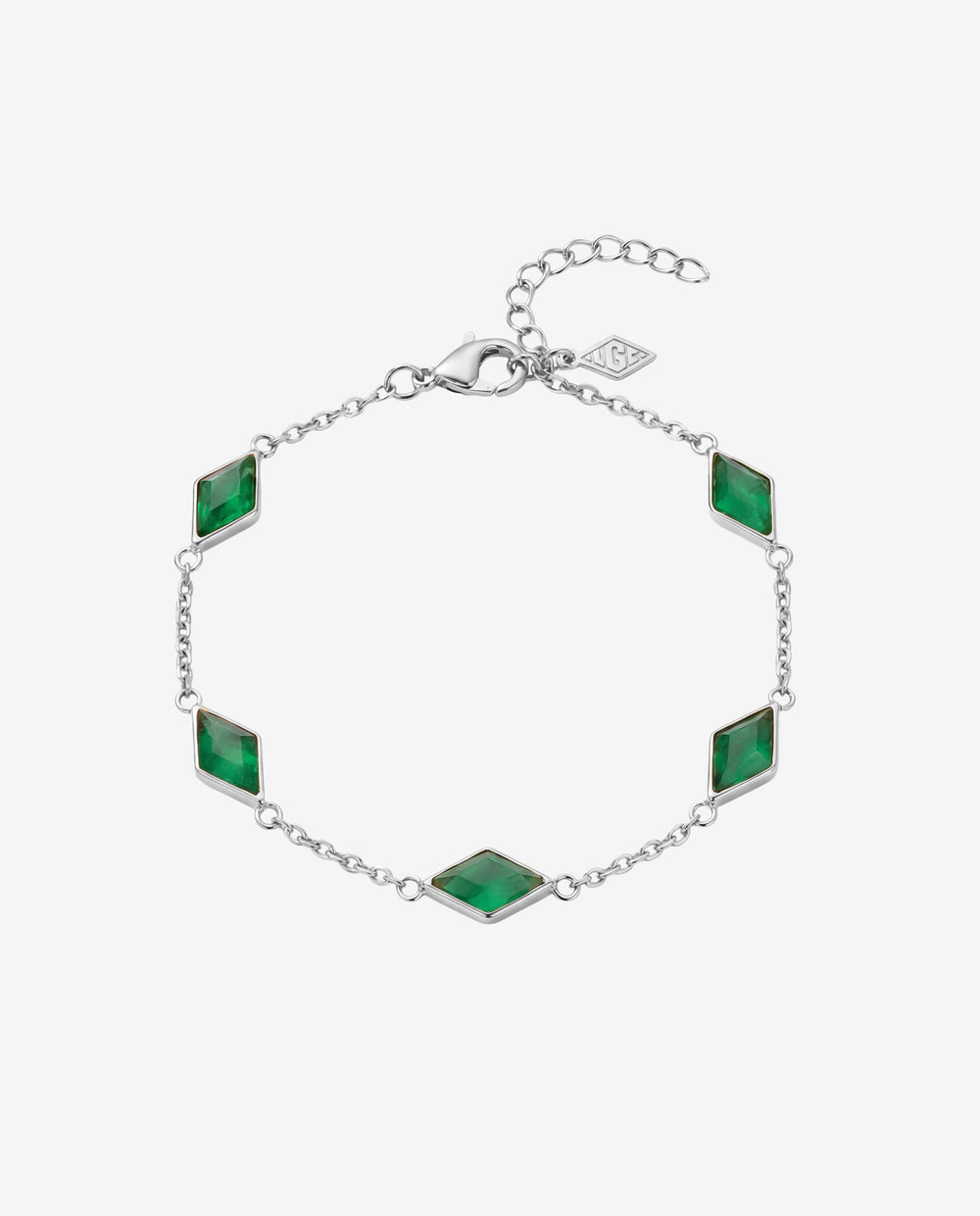 Pulsera plateada Amberes con piedras cuadradas verde esmeralda en delicada cadena plateada de largo ajustable