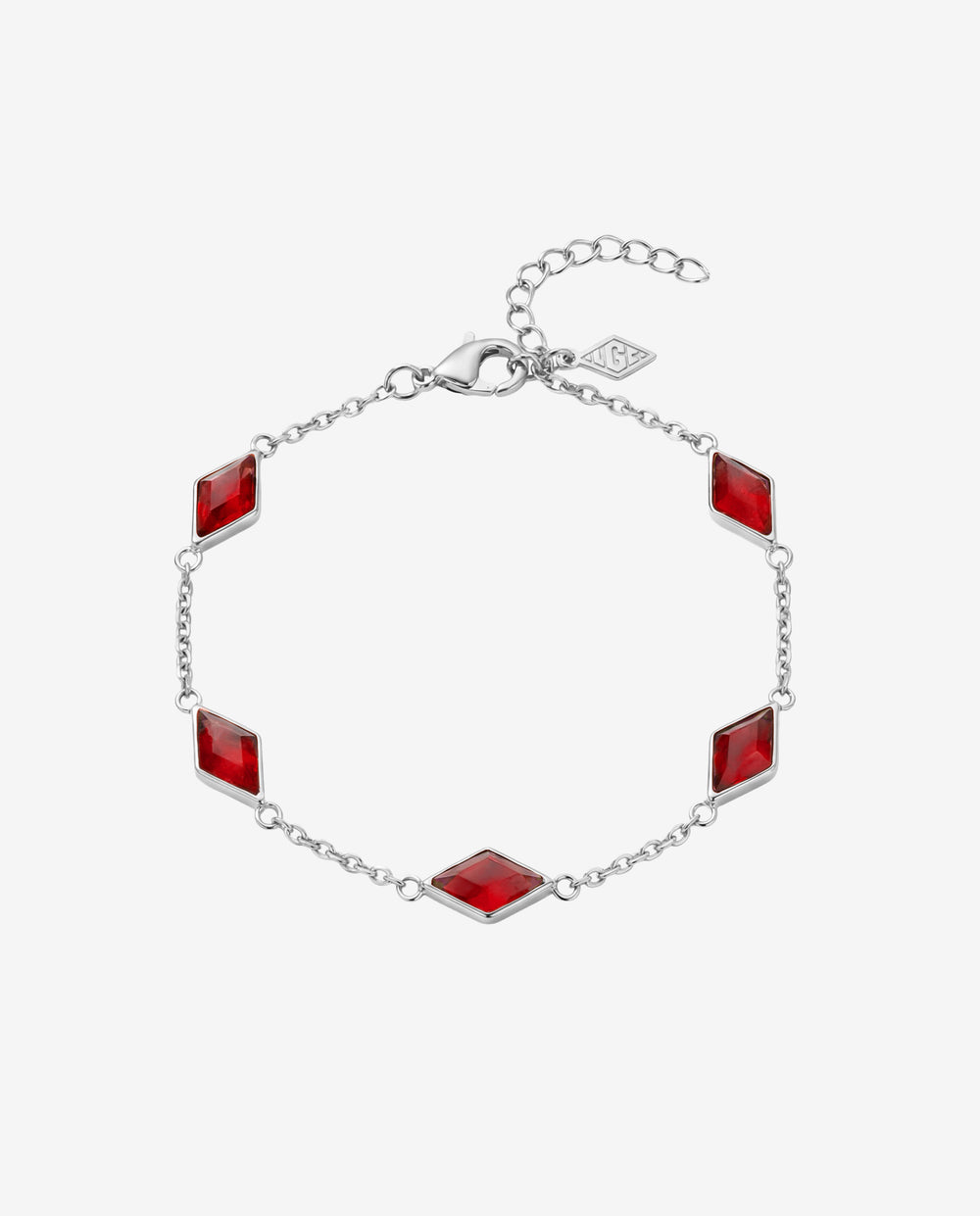Pulsera plateada Amberes con gemas cuadradas rojas engastadas en delicada cadena en presentación circular