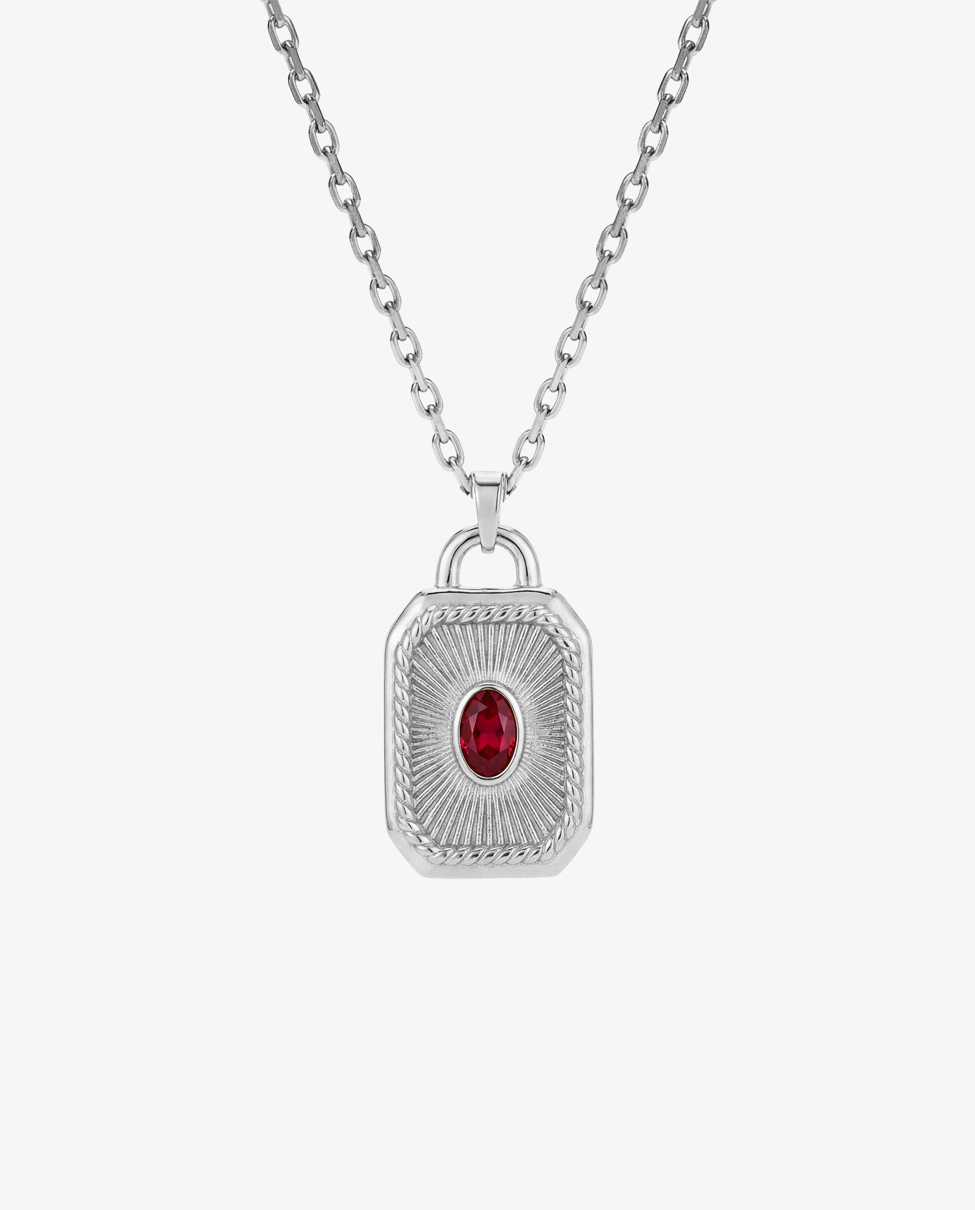 Silver chain necklace with a detailed padlock pendant featuring a red gemstone centerpiece.
