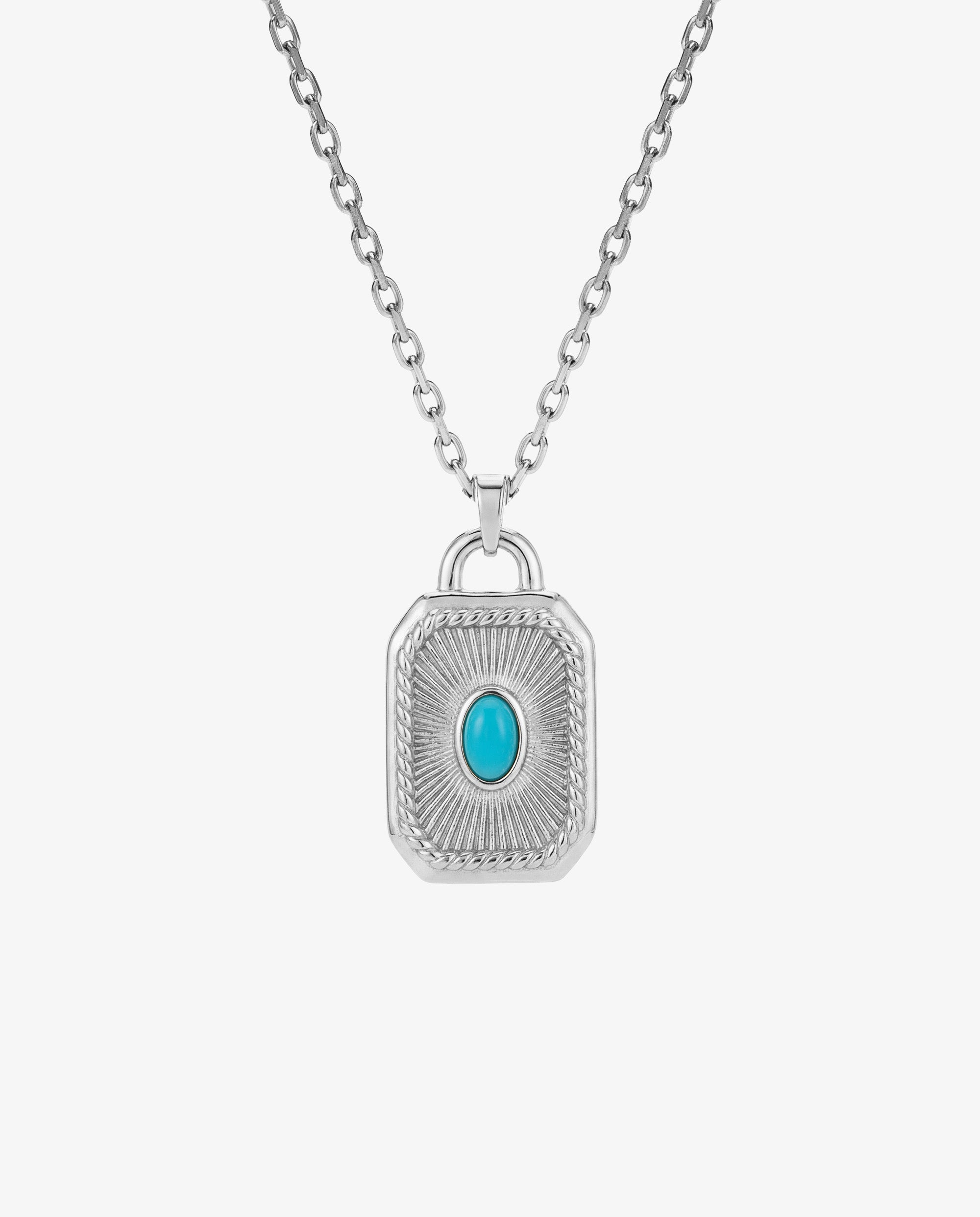 Collar AETHER de plata, cadena con colgante rectangular contundente y gema turquesa en el centro