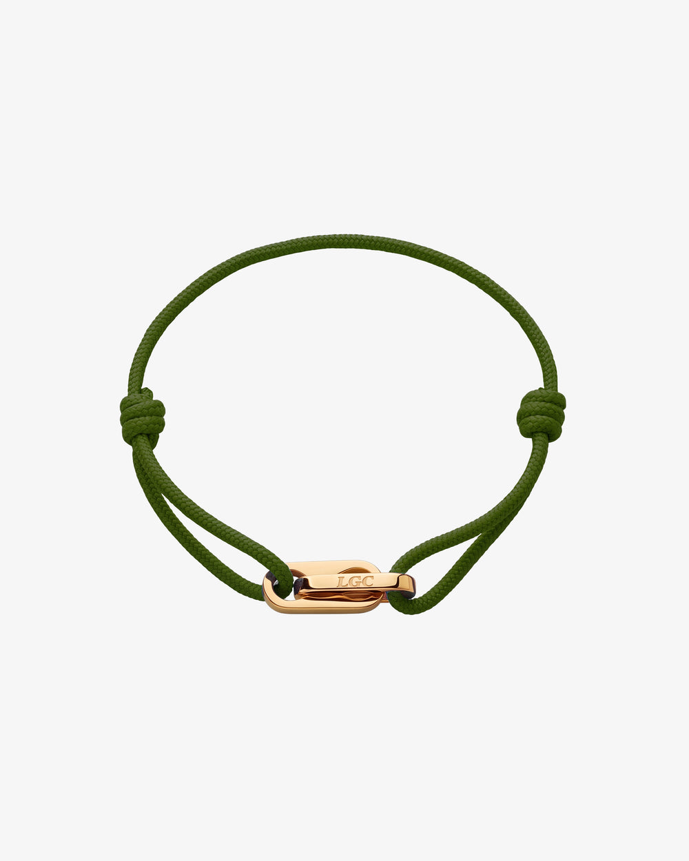 Atlantis gold bracelet with olive green cord, adjustable sliding knots and a gold clasp engraved LGC
