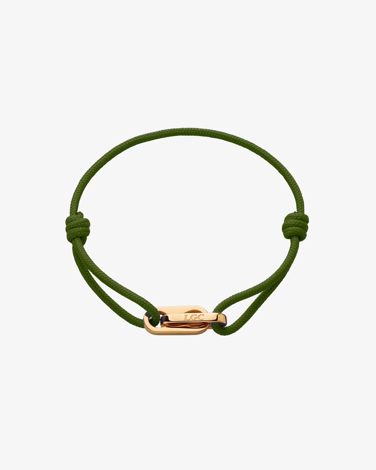 Pulsera dorada Atlantis con cordón verde oliva, nudos corredizos ajustables y cierre dorado grabado con LGC