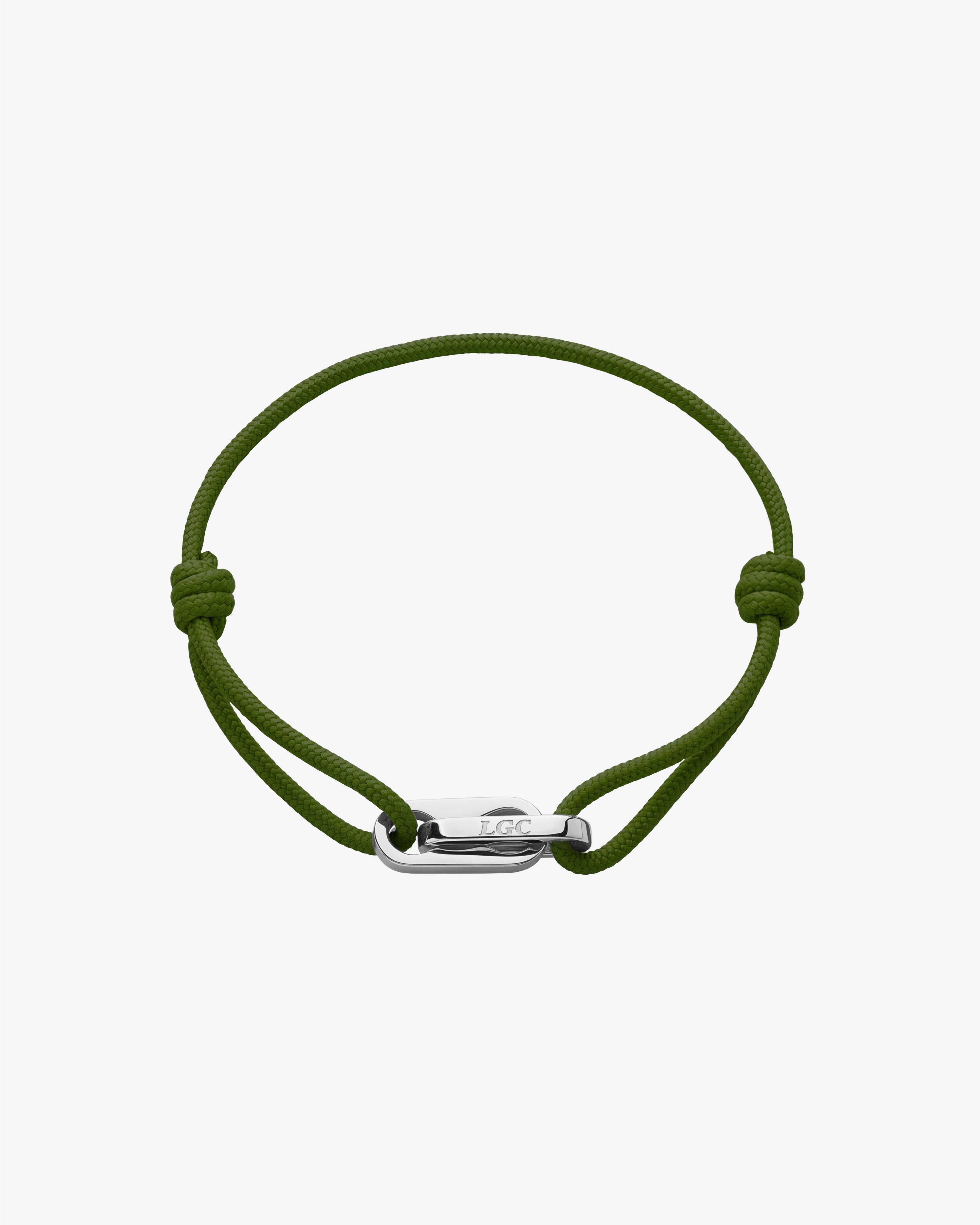 Atlantis silver bracelet with olive green cord, adjustable sliding knots and a silver clasp engraved LGC