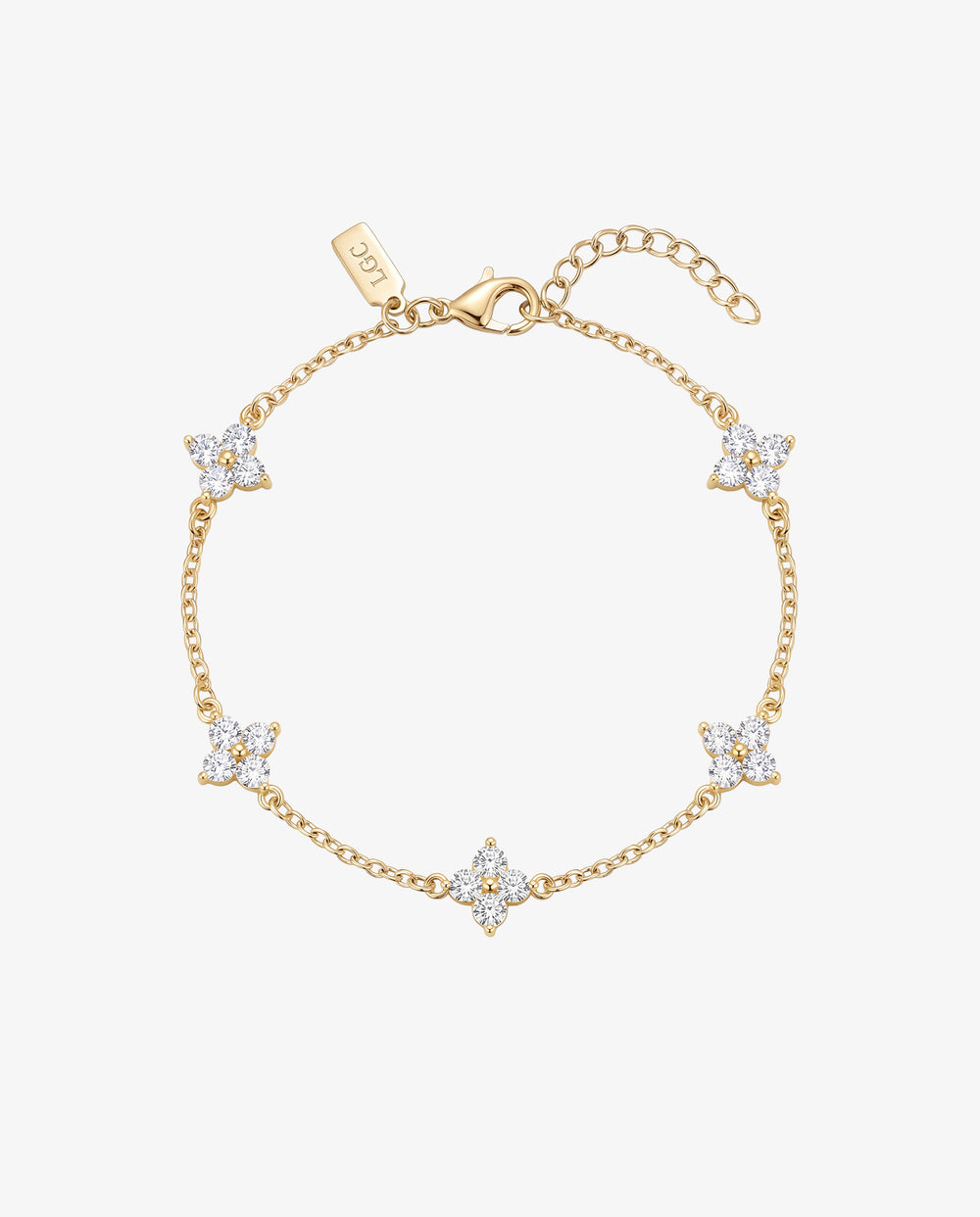 Pulsera dorada Clover con flor de cuatro pétalos de cristales en delicada cadena con cierre de mosquetón