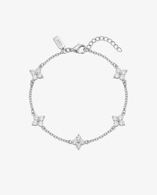 Silver Clover bracelet with crystal flower clusters along a fine chain and a lobster clasp