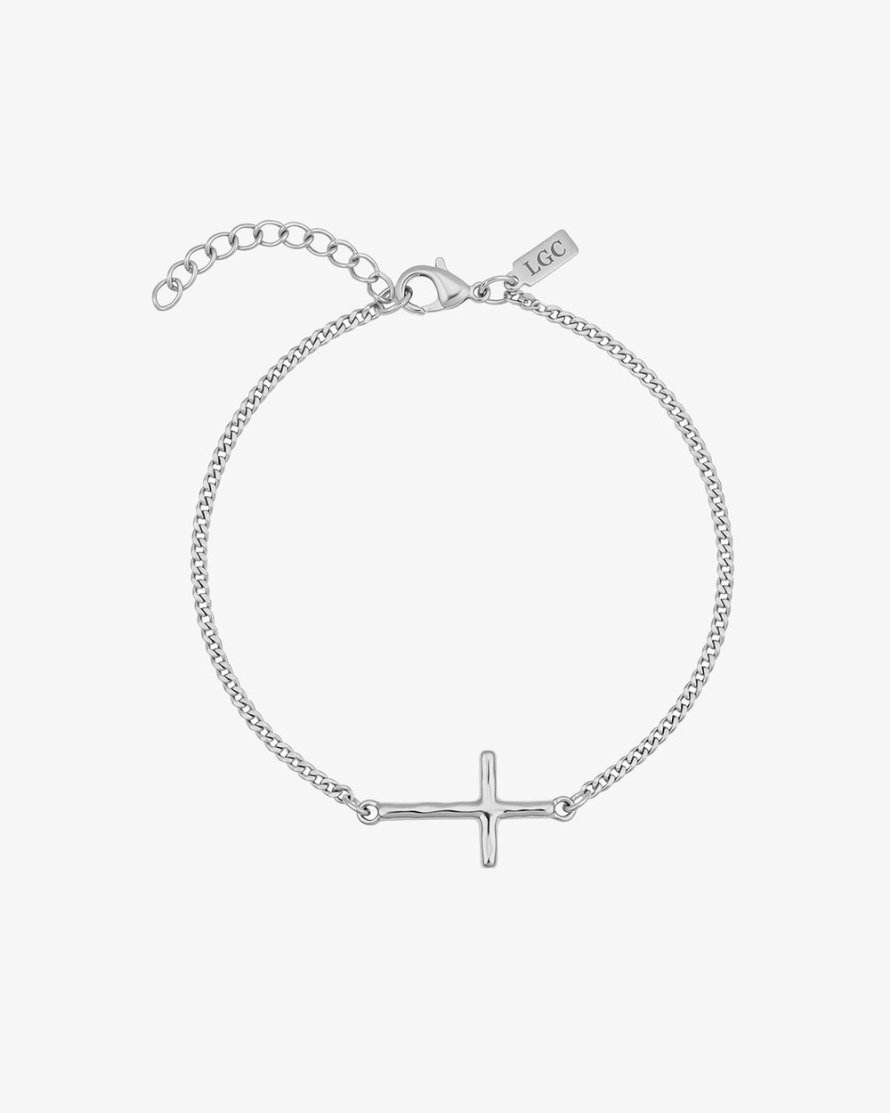 Pulsera plateada de cruz con fina cadena barbada y extensor ajustable