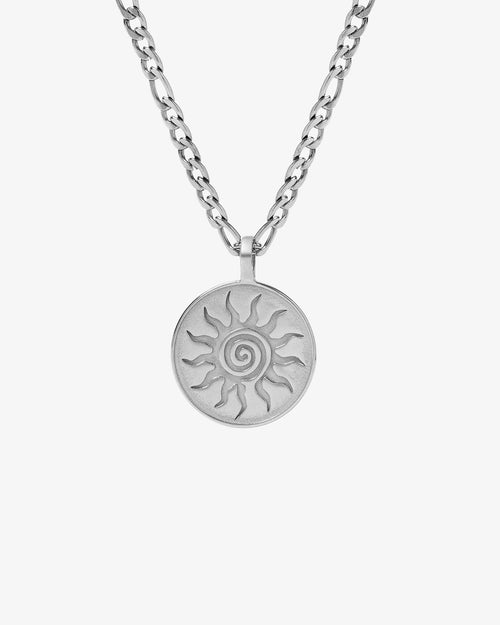 Energy Silver Necklace with round sun pendant on a silver chain against a white background