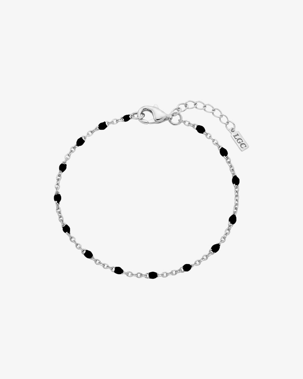 Pulsera plateada GEM con cuentas negras en cadena plateada y cierre de mosquetón