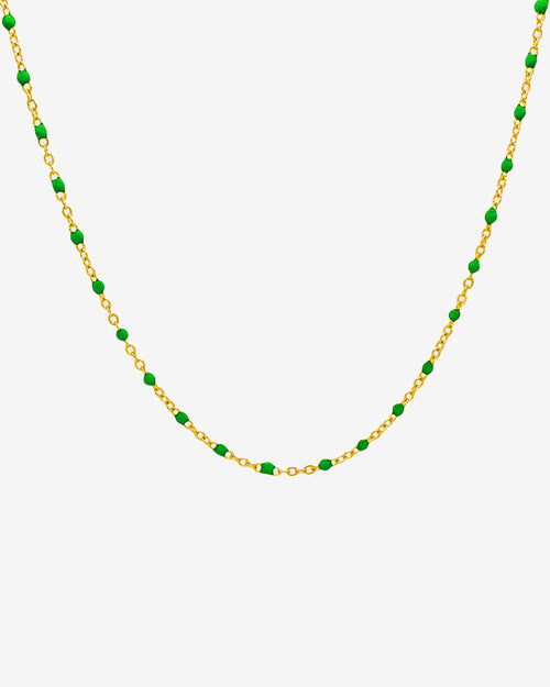 50 cm gold chain necklace with evenly spaced green beads on a white background.