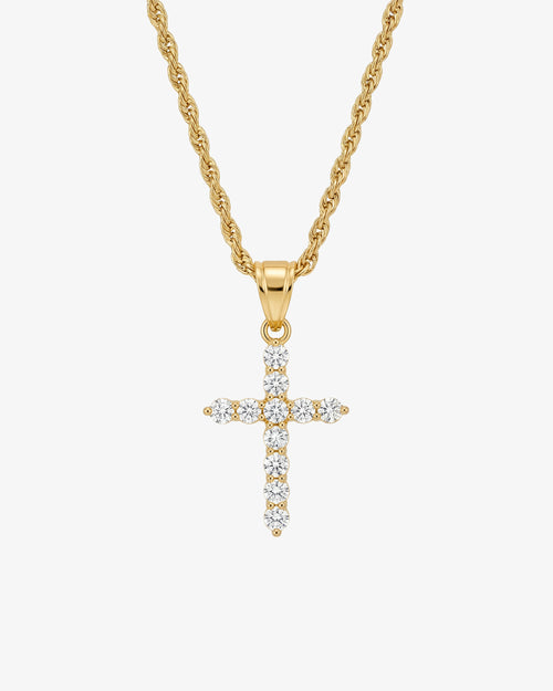 Gold plated necklace with a zircon crystal cross pendant on a bold chain
