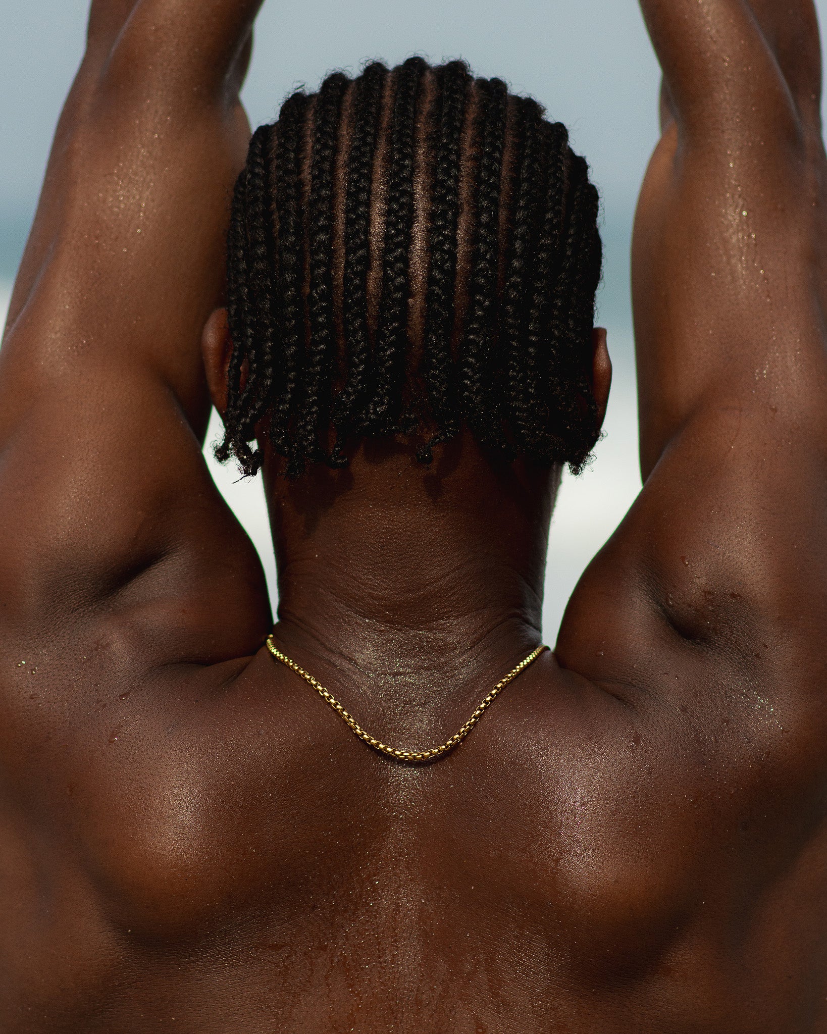 Back view of a person with box braids and raised arms wearing a gold chain necklace