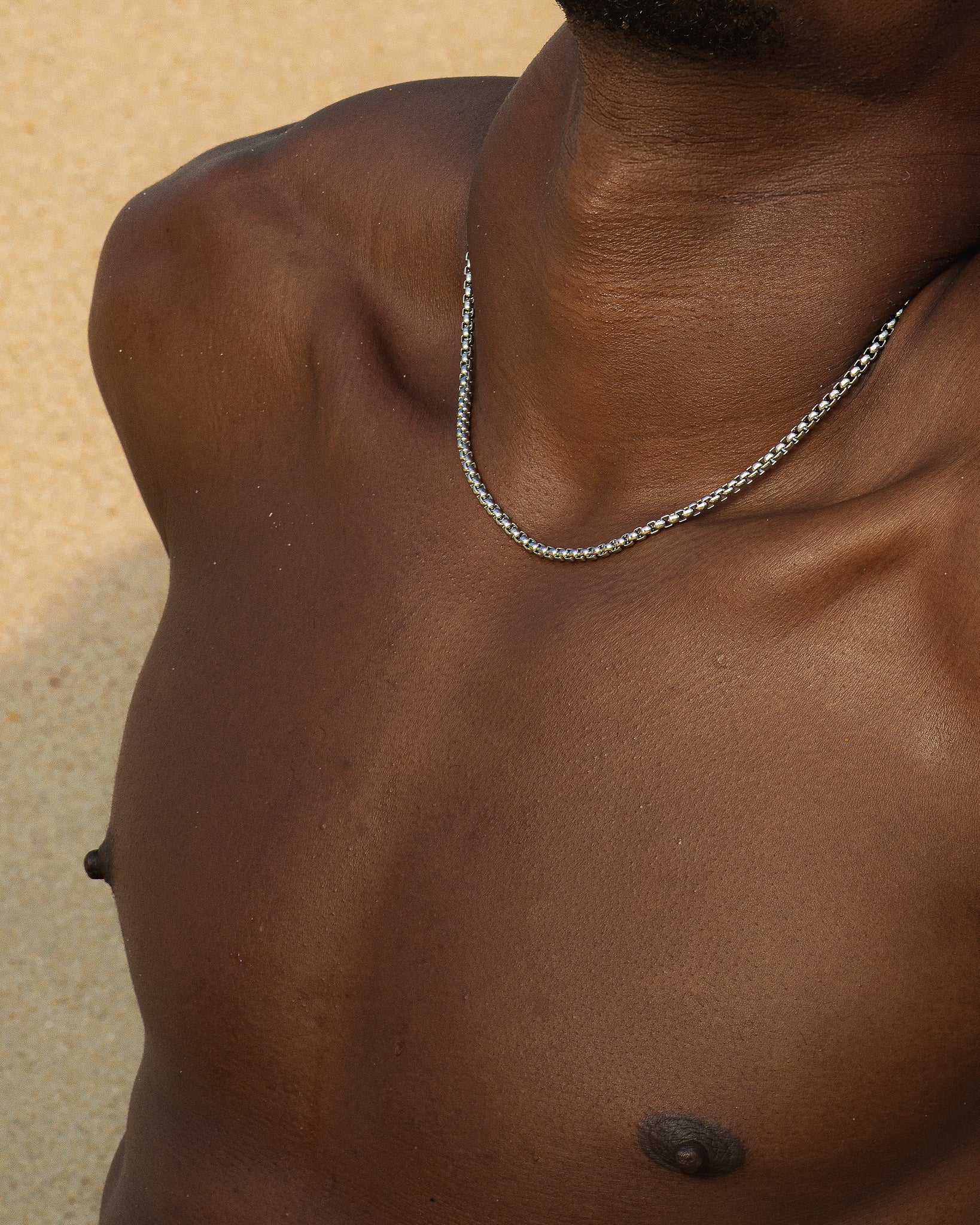 Noir Silver Chain around a model's neck with a bare shoulder and sandy beach background.