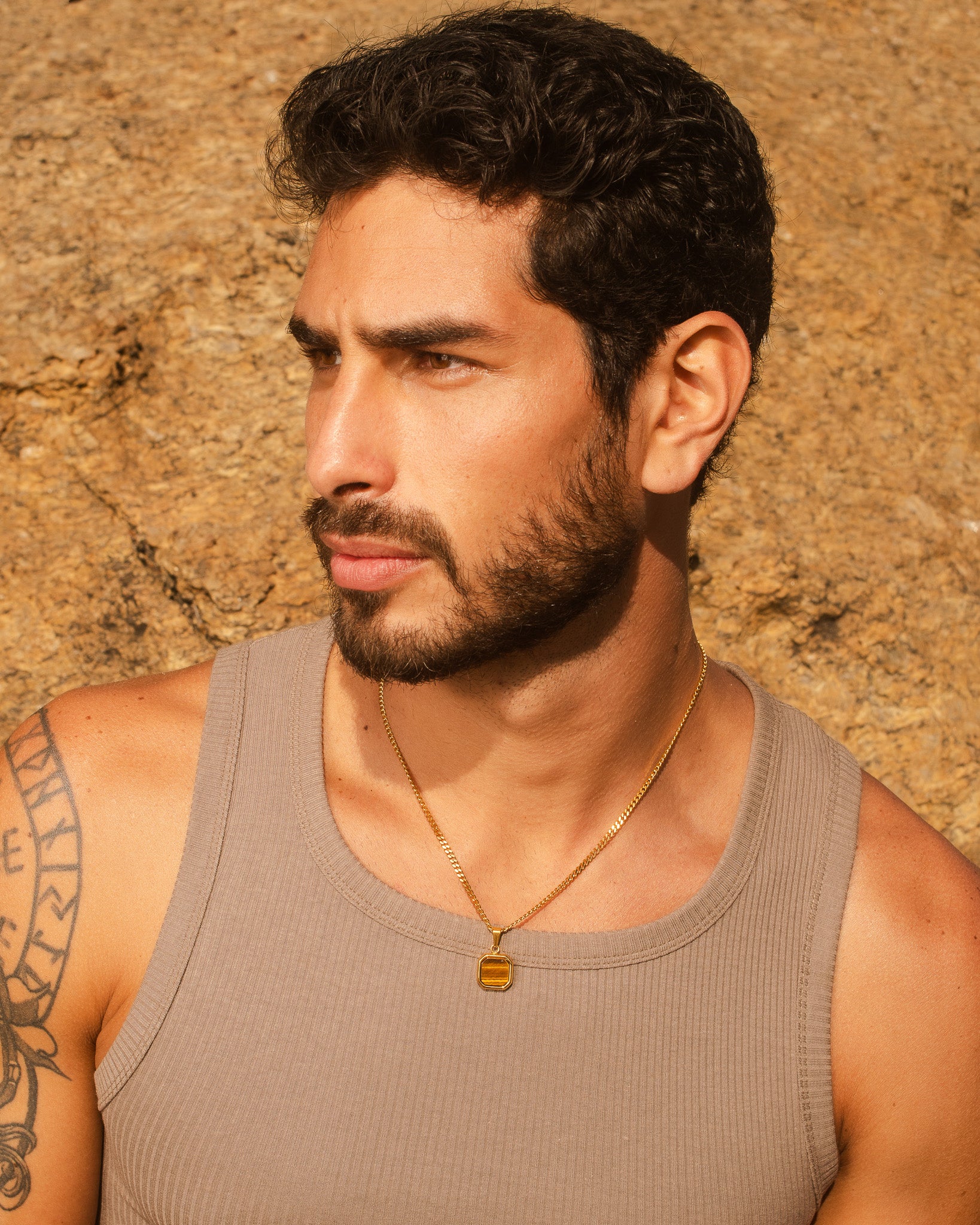Side profile of a man wearing a slim gold Nova necklace against a rocky background