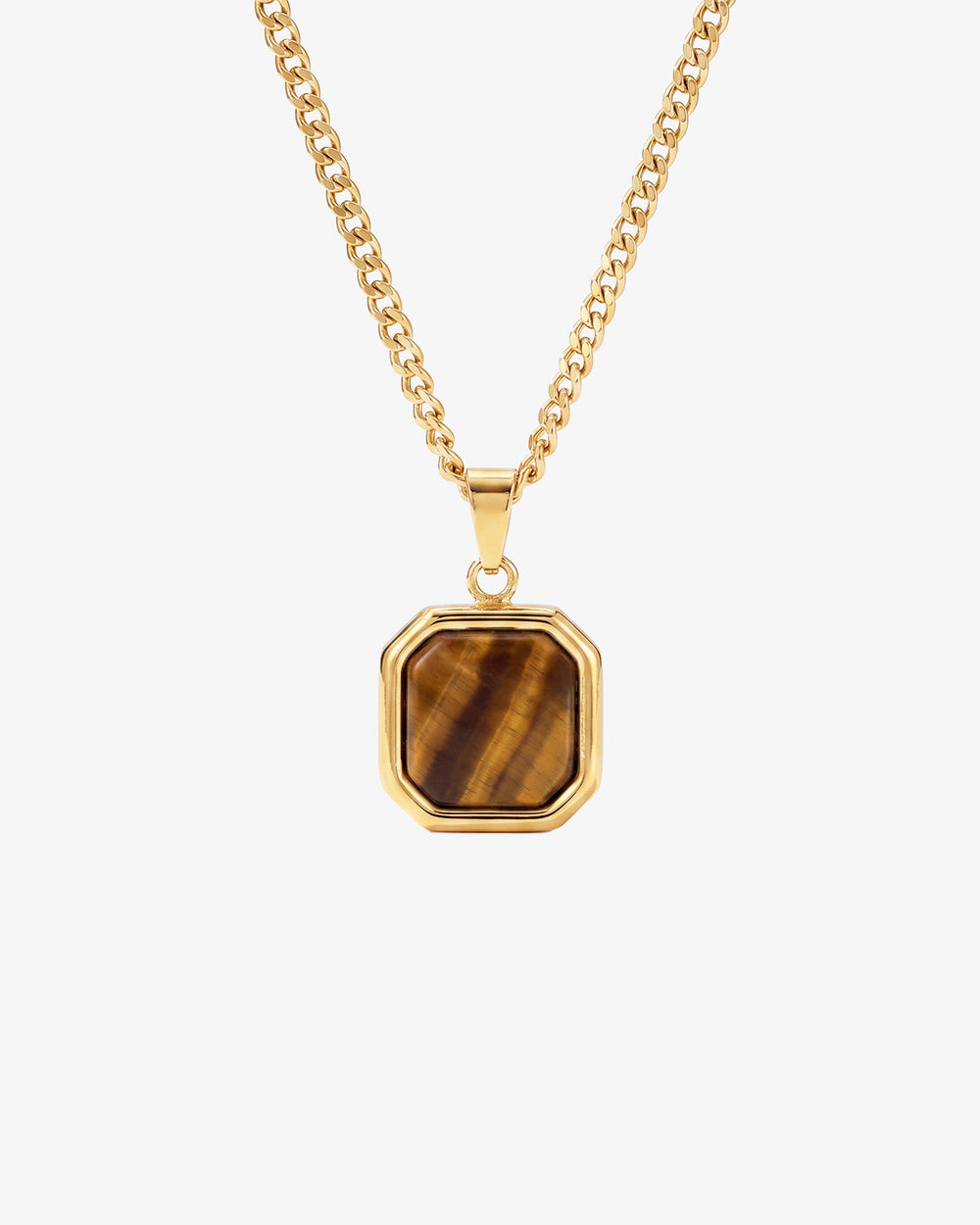 NOVA GOLD NECKLACE primer plano de colgante octogonal de ojo de tigre en cadena dorada