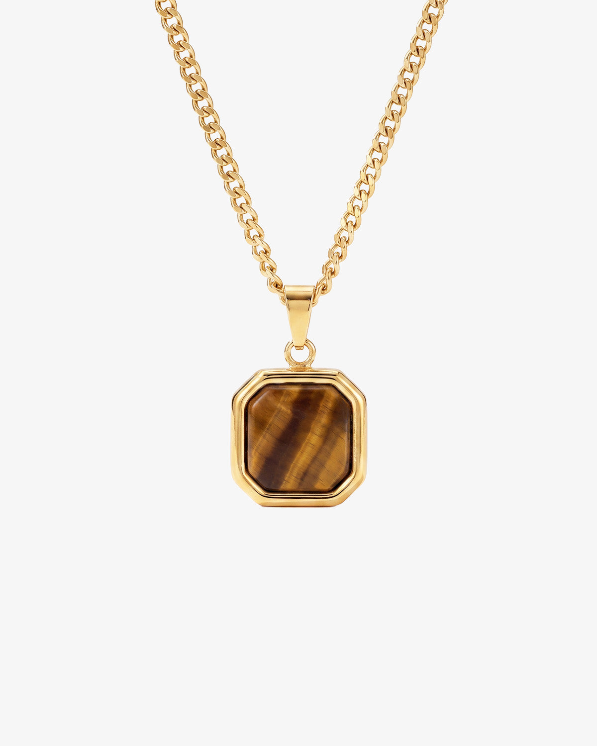 NOVA GOLD NECKLACE close-up of an octagonal tiger eye stone pendant on a gold chain