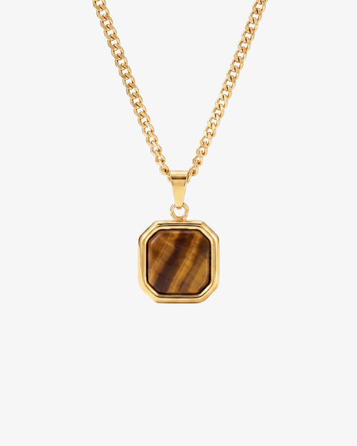 NOVA GOLD NECKLACE close-up of an octagonal tiger eye stone pendant on a gold chain