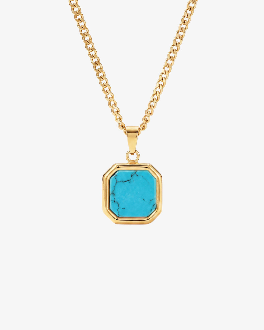 Collar dorado Nova con colgante cuadrado turquesa en cadena dorada gruesa sobre fondo blanco.
