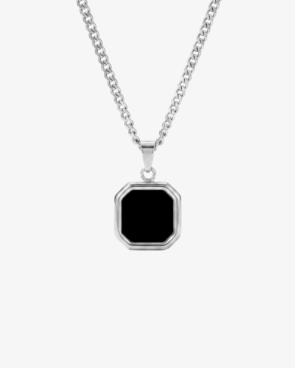 Collar plateado Nova con cadena barbada gruesa y colgante octogonal de ónix negro