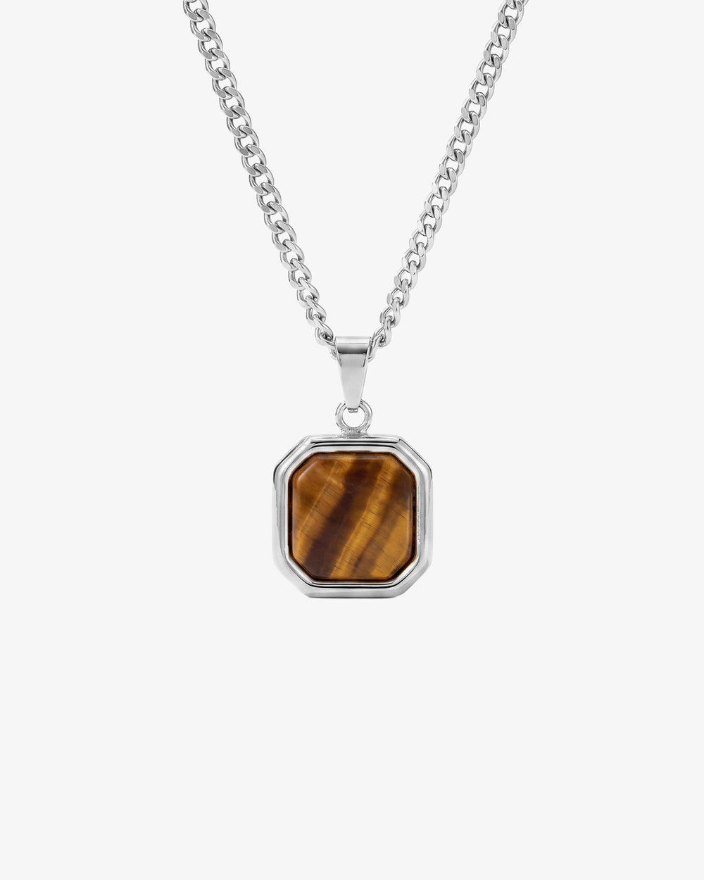 Collar plateado Nova con cadena barbada gruesa y colgante octogonal de ojo de tigre
