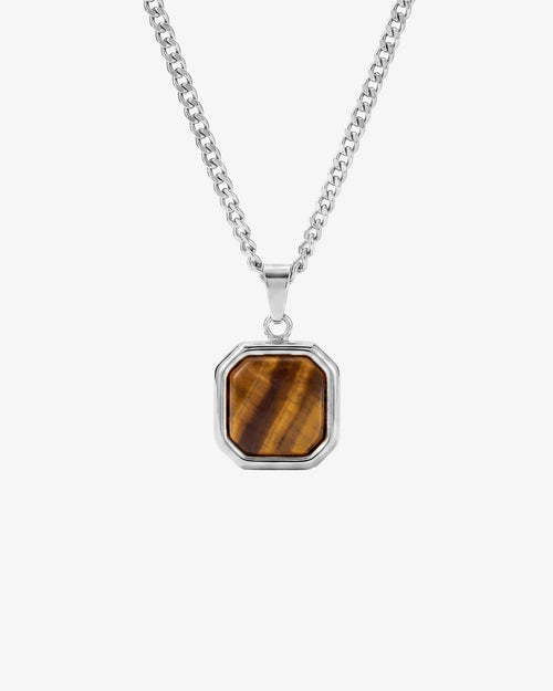 Nova Silver Necklace with a chunky curb chain and octagonal tiger's eye pendant