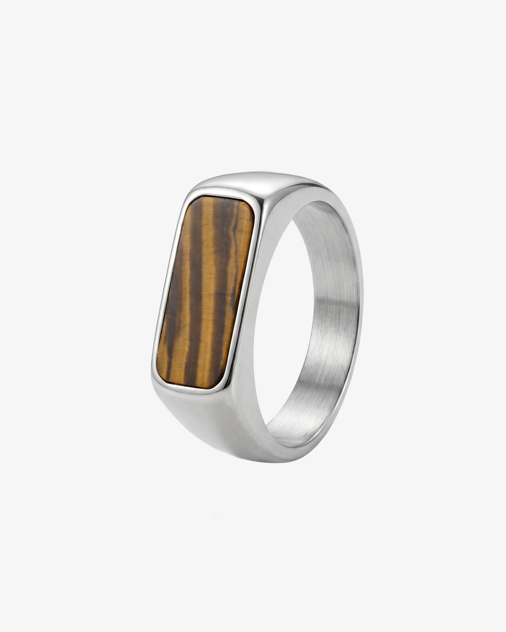 Anillo plateado NOVA con incrustación rectangular de ojo de tigre en banda plateada pulida