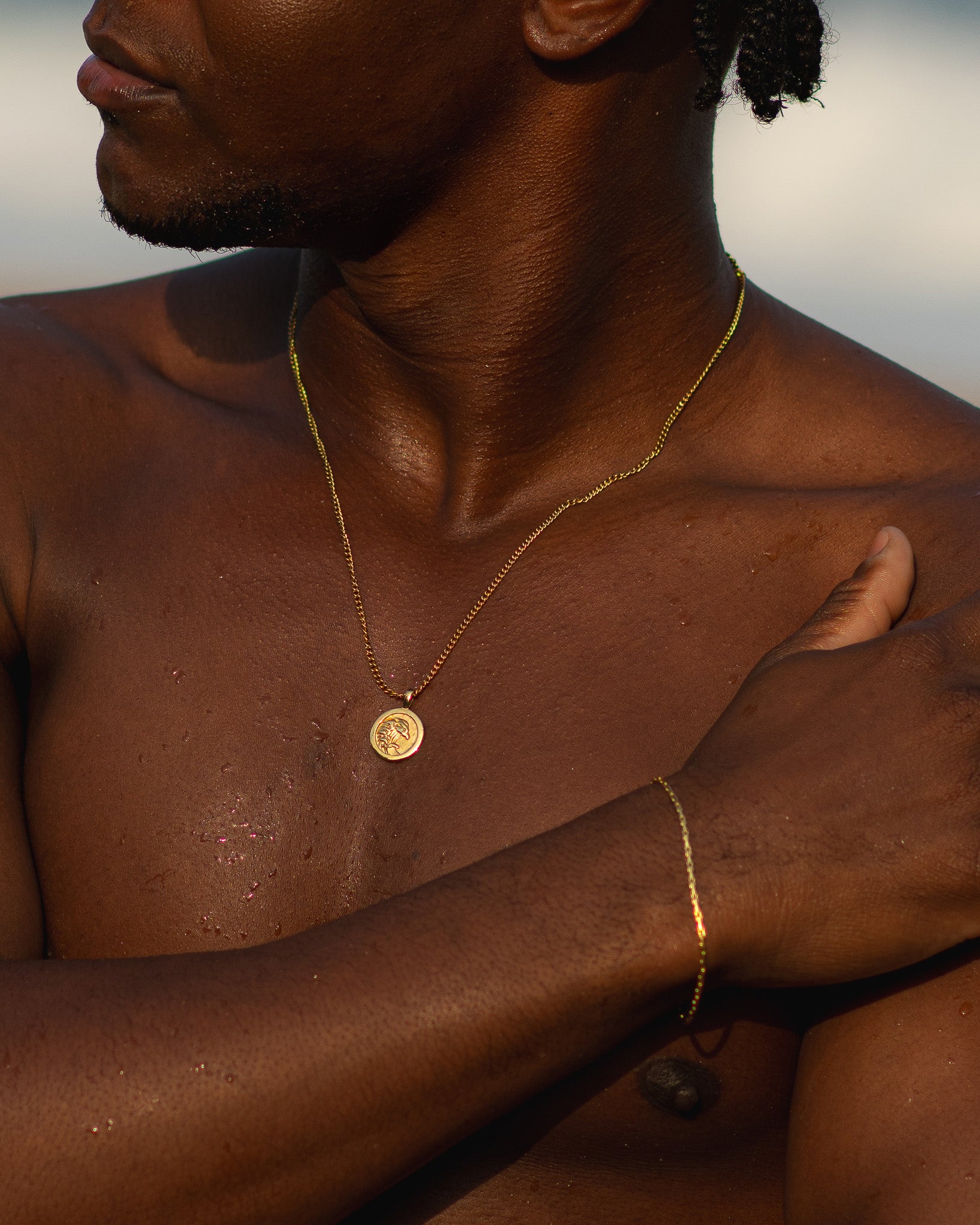 Two thin gold chains with a gold coin pendant resting on the model's chest