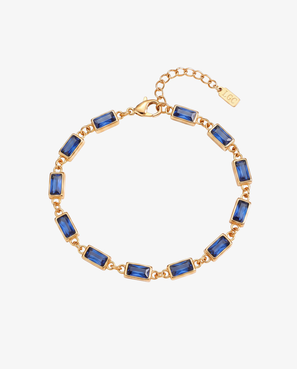 Gold bracelet with blue rectangular stones linked along the chain