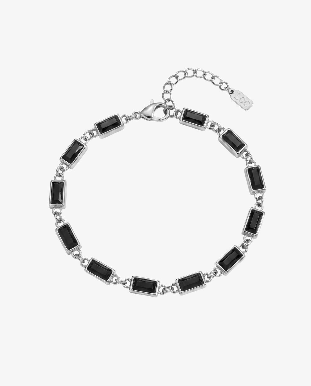 Pulsera plateada OMEN con piedras rectangulares negras y cadena de extensión