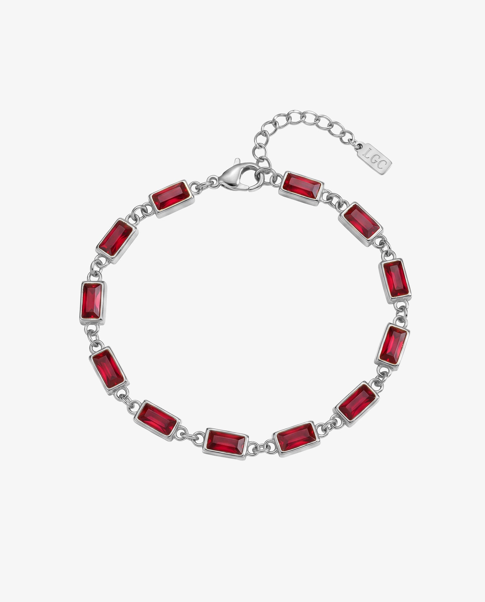 OMEN Silver Bracelet with red rectangular stones arranged along a chain on a white background