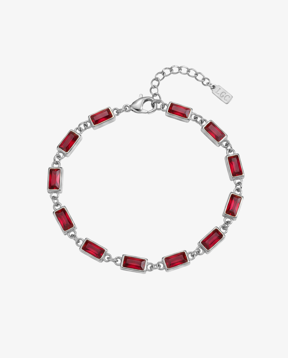 OMEN Silver Bracelet with red rectangular stones arranged along a chain on a white background
