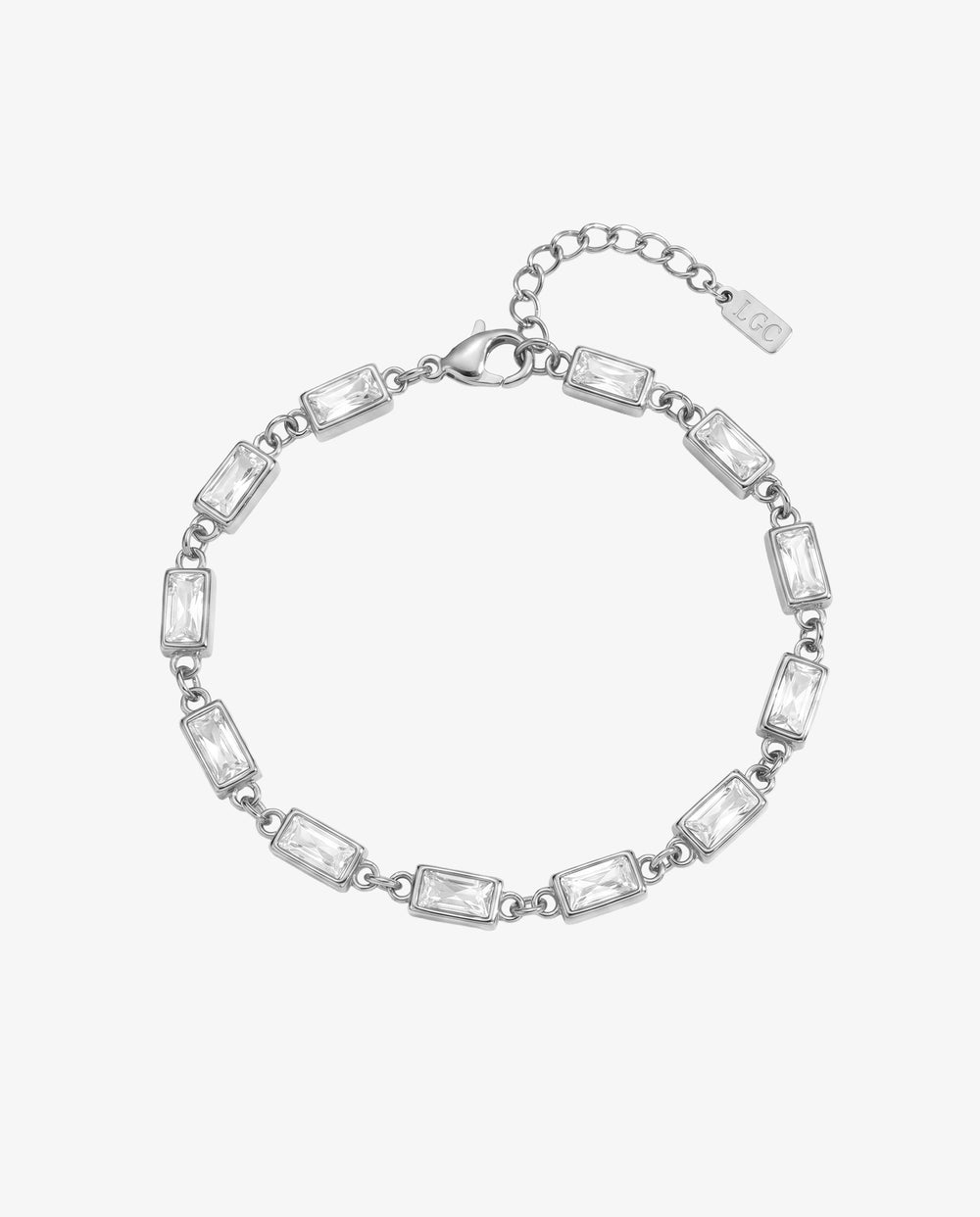 Pulsera plateada OMEN con piedras rectangulares transparentes y cadena de extensión