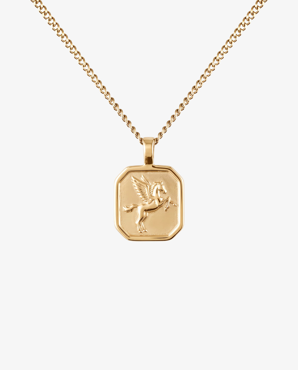 Gold chain necklace with an octagonal pendant featuring a Pegasus motif