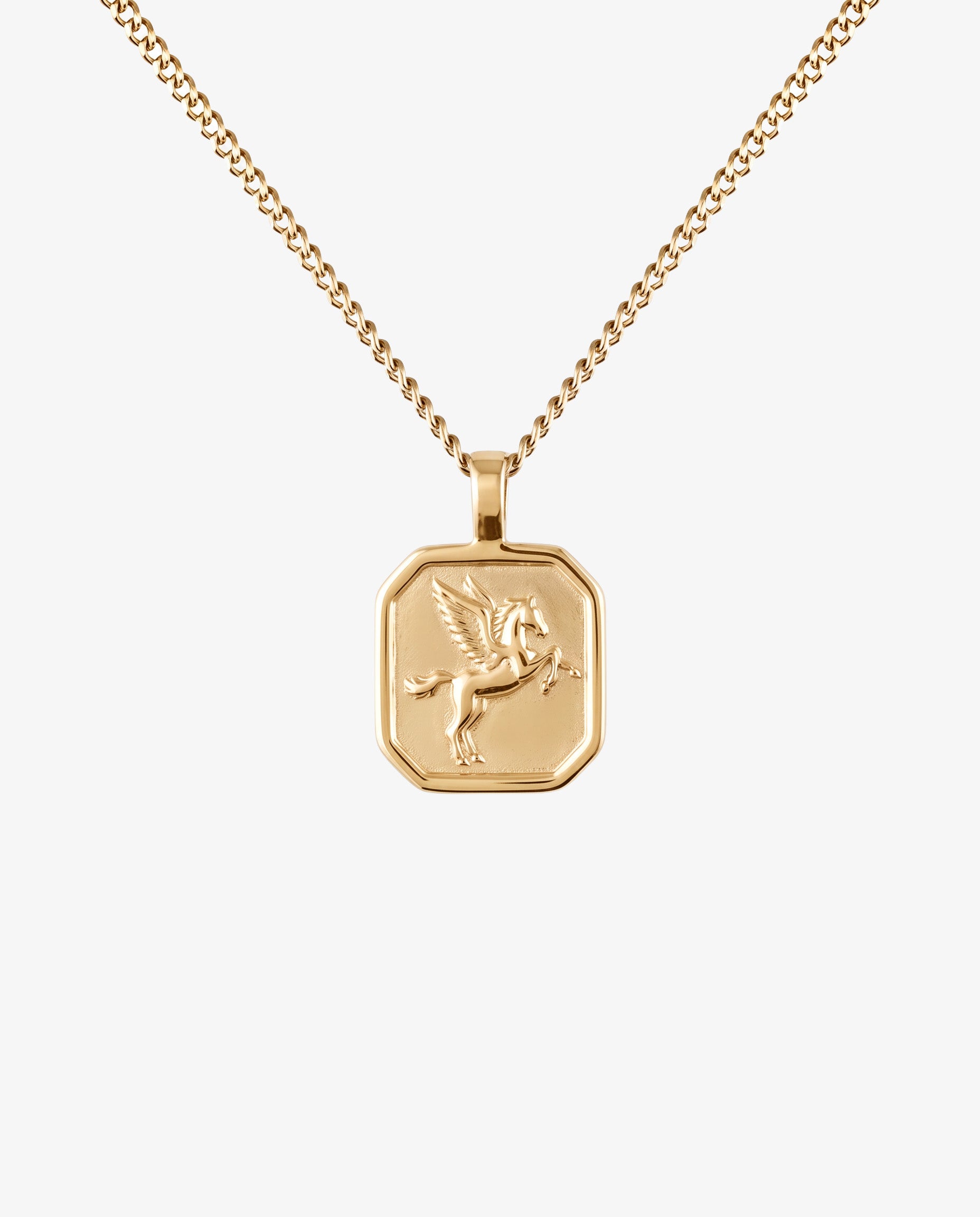 Gold chain necklace with an octagonal pendant featuring a Pegasus motif