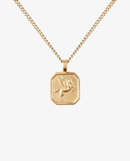 Gold chain necklace with an octagonal pendant featuring a Pegasus motif