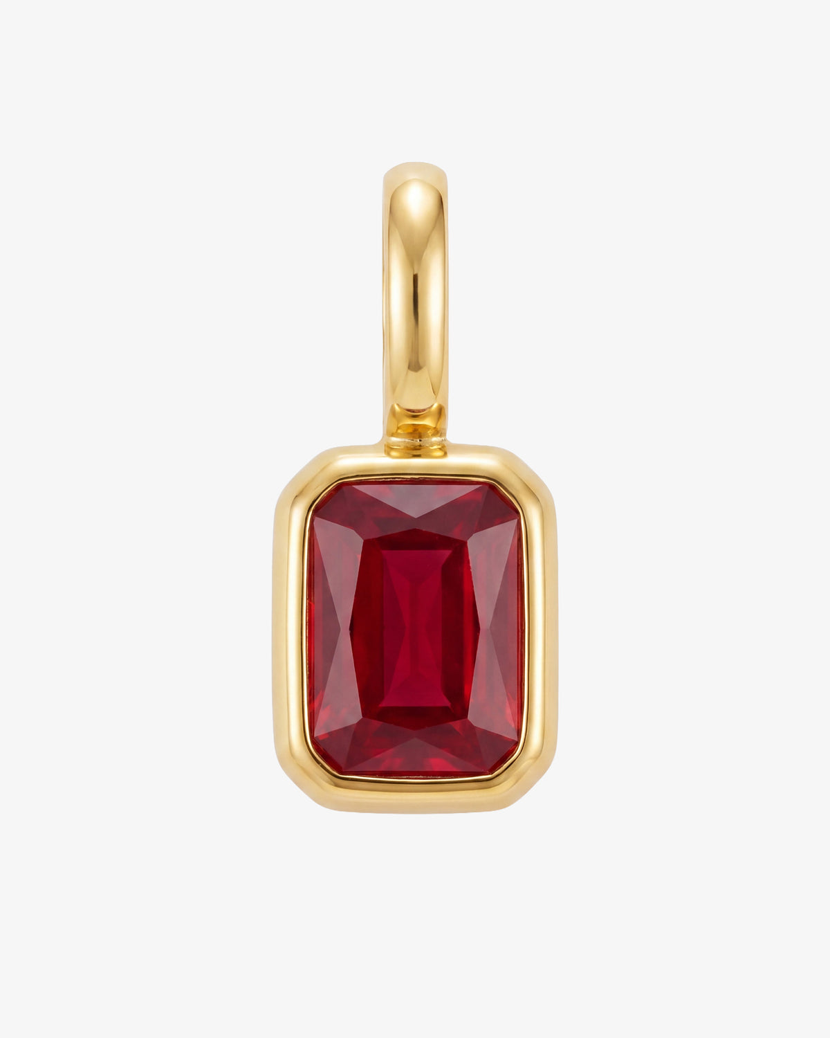 Mini Solstice Charm in gold with a large red gemstone set in a square bezel.