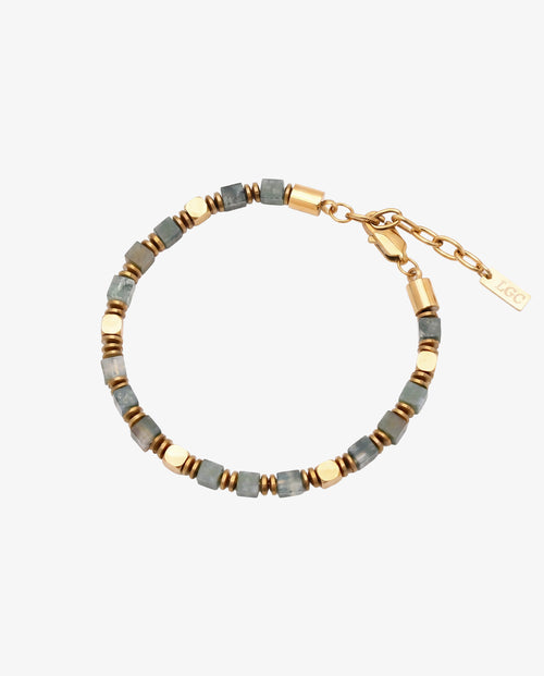 Close up of moss agate and hematite bracelet with gold spacers resting on a wrist