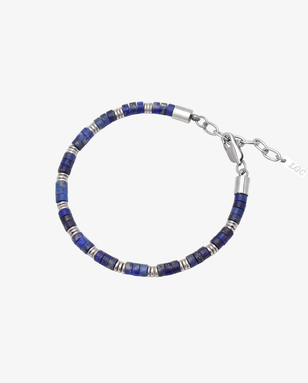 Pulsera de cuentas de lapislázuli con piedras azules, separadores plateados y cierre metálico
