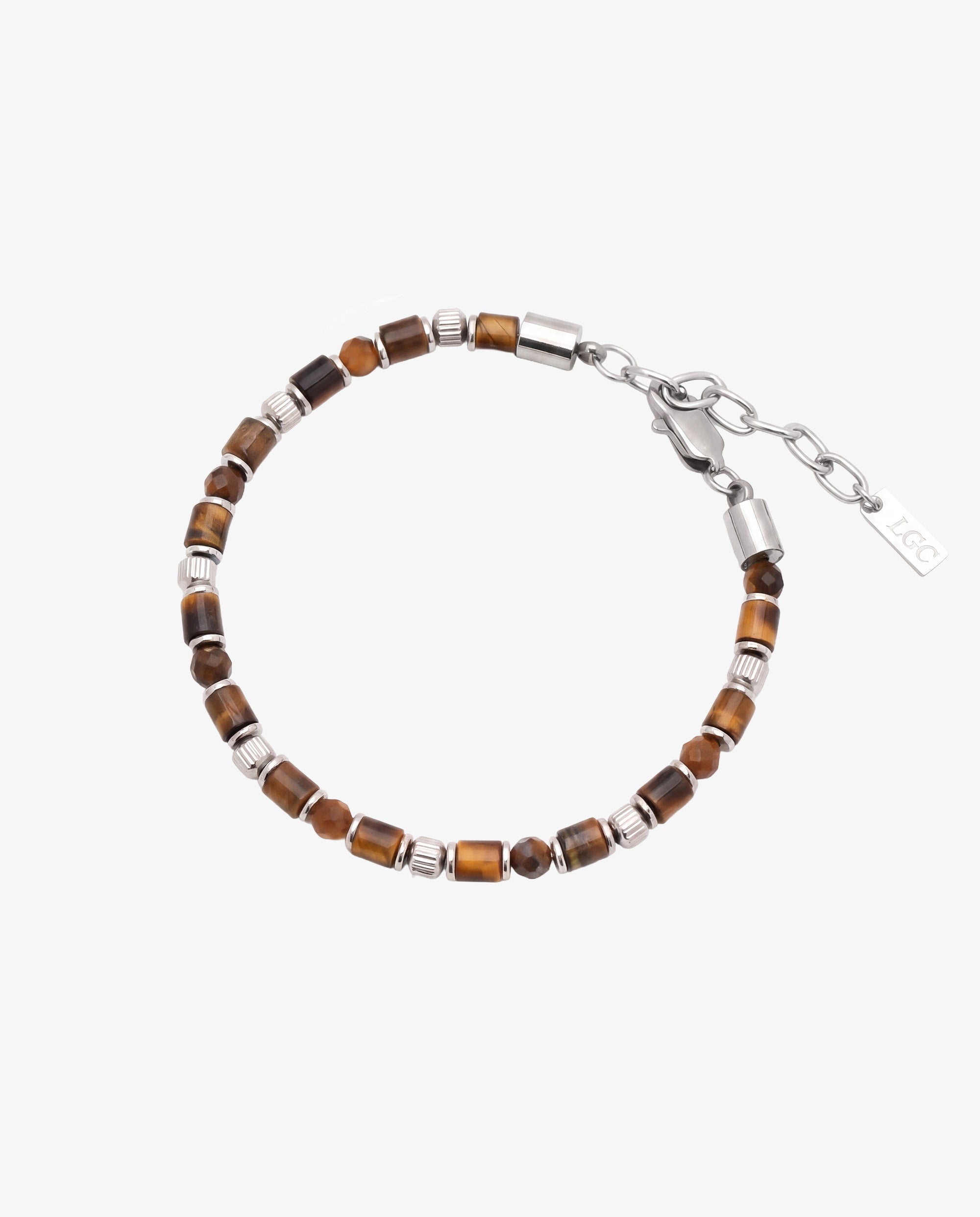 Tiger's Eye bead bracelet with silver spacers and a metal clasp on white background