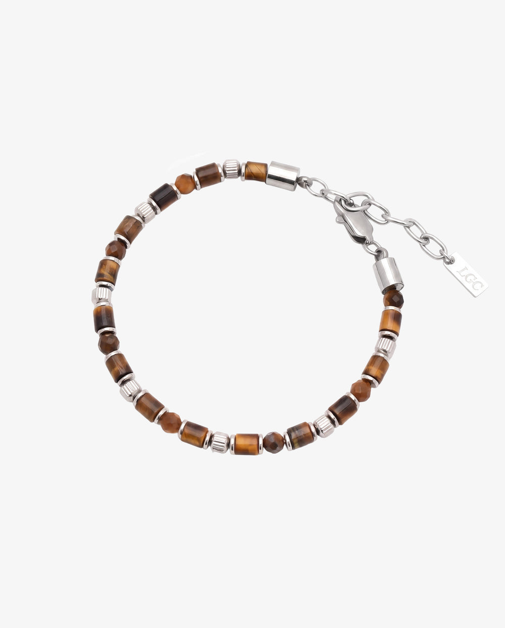 Pulsera de cuentas de ojo de tigre con separadores plateados y cierre metálico sobre fondo blanco