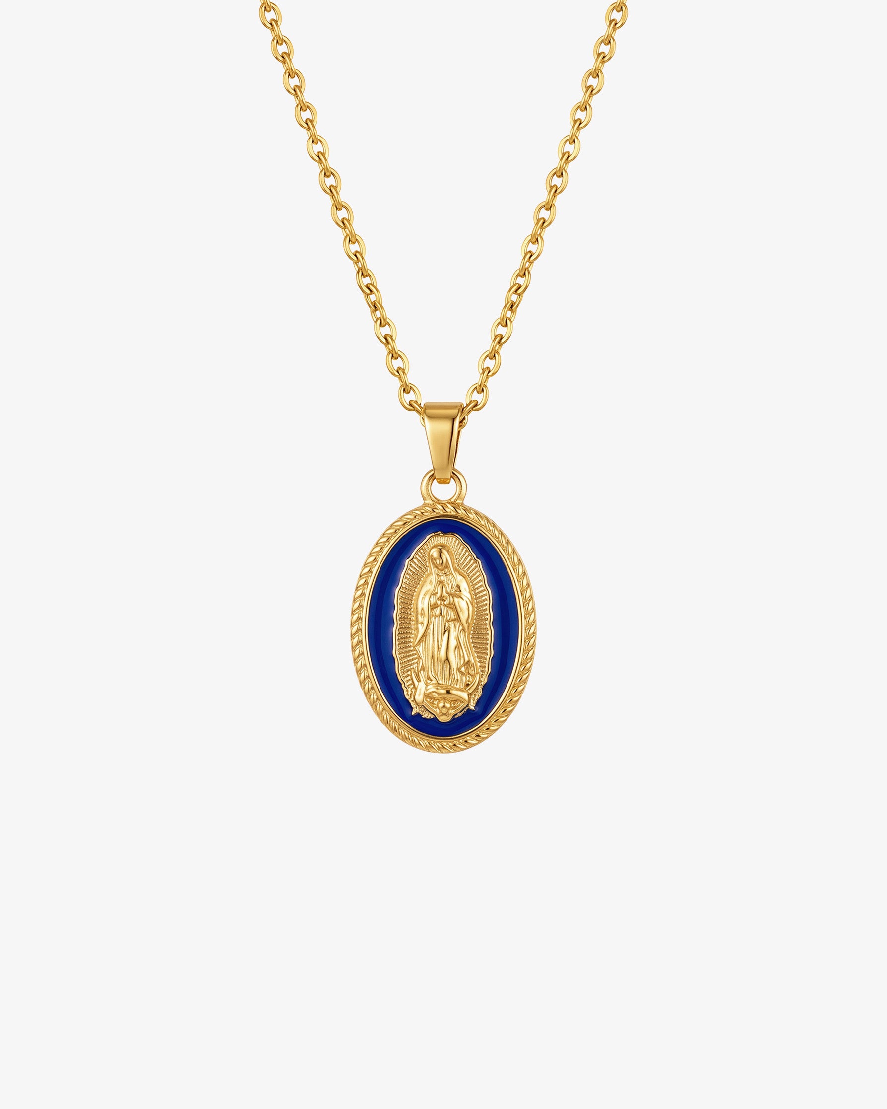 Collar dorado de la Virgen María con colgante ovalado de esmalte azul con la imagen de la Virgen